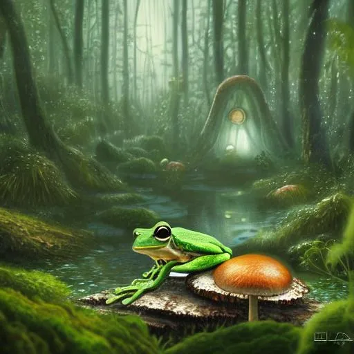 Prompt: a frog in a  forest.  Mushrooms, pond.  futuristic scifi, intricate, elegant, highly detailed, digital painting,  concept art, smooth, sharp focus, illustration, dreamlike,