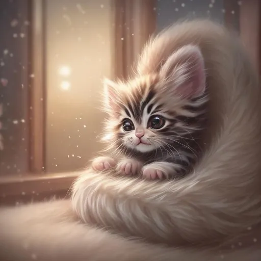 Prompt: Realistic depiction of a cute kitten in a cozy bed, soft fur with intricate details, warm and inviting lighting, peaceful and serene atmosphere, high quality, realistic, detailed fur, cozy setting, adorable, professional, warm tones, peaceful lighting