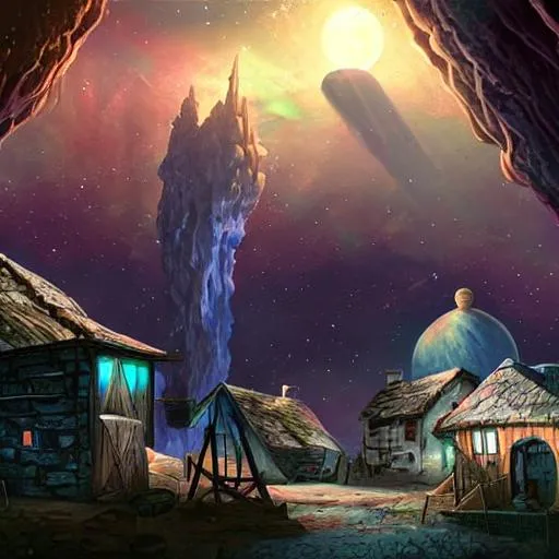 Prompt: quaint village on an asteroid in space, dreamlike, whimsical, fantasy, digital painting