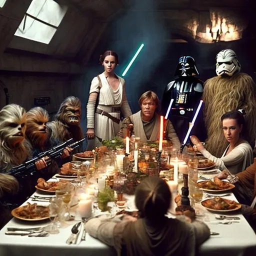 Prompt: a dinner party with star wars characters around a table, the characters are: luke skywalker, princess leia,  Chewbacca, and a stormtrooper. the image should be in the theme of the old movies