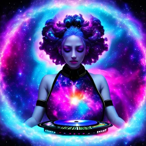 Prompt: Cosmic Epic Beautiful Nebula (Beautiful Melancholy {Goddess}female plasma), djing, turntables, hyper realistic,  expansive psychedelic background, hyper realistic, 8K --s99500