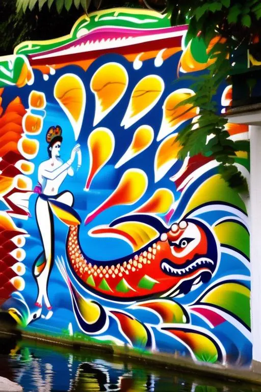 Prompt: wall graffiti art of a mexican salamandra, meeting a pretty female mermeid in the Lake of xochimilco