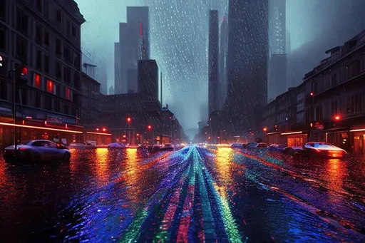 Prompt: Water on the road, city of lights, raining, traffic lights, light reflecting on water , late at night, vivid dark, colorful lighting, cinematic lighting, hyper realistic, 8k