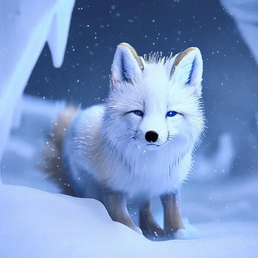 Prompt: Artic fox,  snow cave, blue lights, magical vibe, snowing, snowflake on foxe's snow