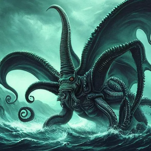 Prompt: Dark, hyper realistic, gargantuan Cthulhu alien bug in mountainous ocean, vintage