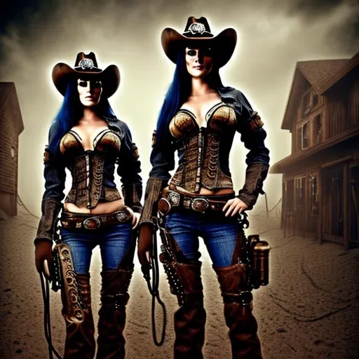 Prompt: female cowboys in a steampunk enviroment photorealistic H.R. Giger