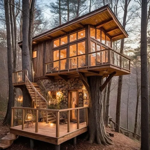 Prompt: Treehouse tiny home in the forest, large tree trunks as support, stairs ascending towards the grand entrance, treetop canopy balcony, natural materials, high quality, realistic rendering, warm earthy tones, soft natural lighting, detailed textures, serene atmosphere, cozy and inviting, forest dwelling, tiny house, cabin, large windows, rustic, wooden architecture, immersive natural setting
