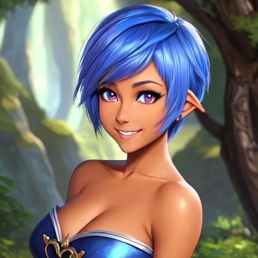 Prompt: oil painting, D&D fantasy, tanned-skinned-gnome girl, tanned-skinned-female, short slender, beautiful, short bright blue hair, long pixie cut hair, smiling, pointed ears, looking at the viewer, Wizard wearing intricate adventurer outfit, #3238, UHD, hd , 8k eyes, detailed face, big anime dreamy eyes, 8k eyes, intricate details, insanely detailed, masterpiece, cinematic lighting, 8k, complementary colors, golden ratio, octane render, volumetric lighting, unreal 5, artwork, concept art, cover, top model, light on hair colorful glamourous hyperdetailed medieval city background, intricate hyperdetailed breathtaking colorful glamorous scenic view landscape, ultra-fine details, hyper-focused, deep colors, dramatic lighting, ambient lighting god rays, flowers, garden | by sakimi chan, artgerm, wlop, pixiv, tumblr, instagram, deviantart