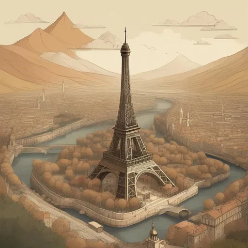 Prompt: the eiffil tower and surrounding area drawn in the style of the professor layton games