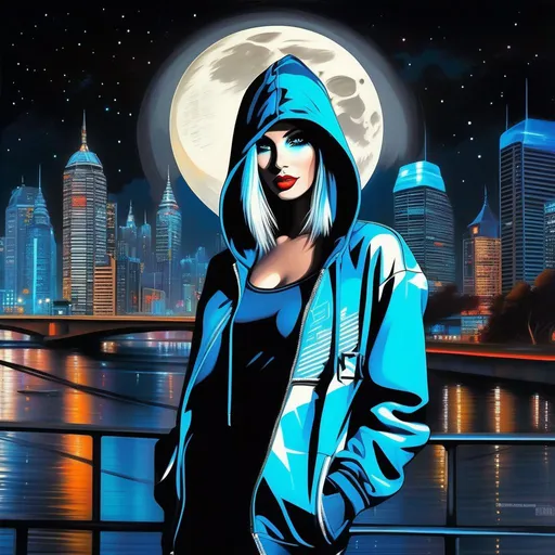 Prompt: A fresco painting, a female neopunk hacker, graffiti as background, Full-body portrait, detailed beautiful eyes, epic full moon in background, neo city, windy