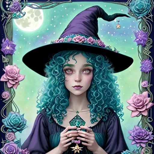 Prompt: witch with curly teal hair, using tarot cards, wearing witch hat, cute, flowers, aesthetic, pastel, fairycore, disney, pixar, moon, stars, witchcraft, in a starry pastel sky,  garden, sweet, dreamy, award winning illustration, artstation, highres, realistic