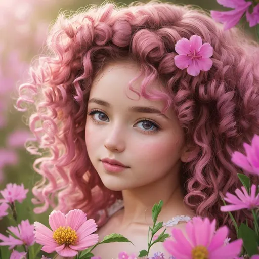 Prompt: a young fairy of spring, very curly hair, pink glow on cheeks,wildflowers, vivid colors, closeup