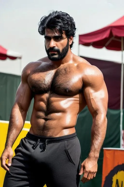 Prompt: a full scene of very sweaty hypermasculine romantic pakistani army man with black hair and with rugged handsome face wearing black sweatpants with bulge at a fair in a wide ground with colourful rides and crowd. very hairy thick wet chest and armpits, arena, perfect composition, hyperrealistic, super detailed, 8k, high quality, trending art, trending on artstation, sharp focus, studio photo, intricate details, highly detailed, by greg rutkowski