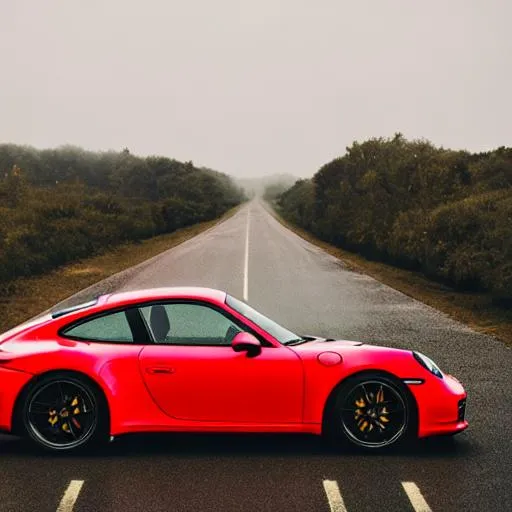 Prompt: A Red Porsche 911 on a road with rain