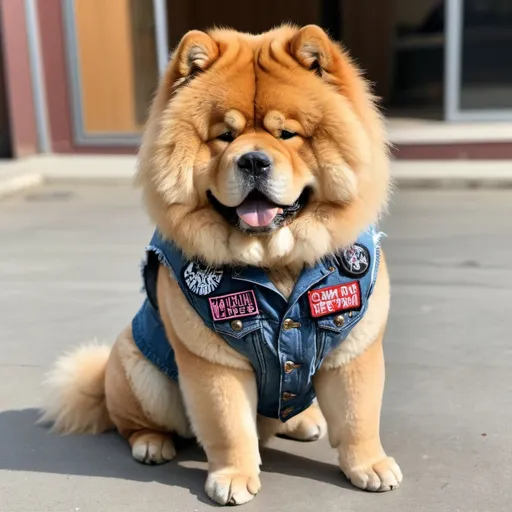 Prompt: Chow Chow wearing a heavy metal music denim vest with patches