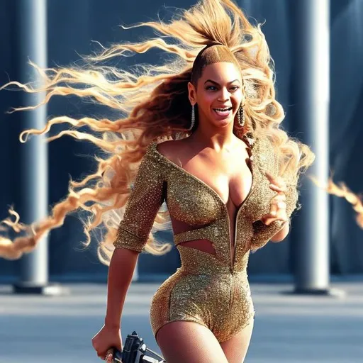Prompt: Beyoncé running to japan with her gun
