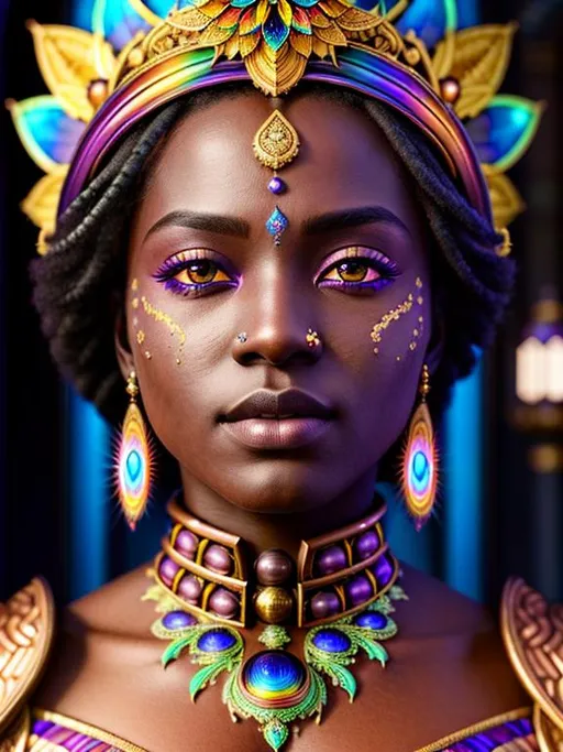 Prompt: Breathtakingly detailed digital art showcasing a dark-skinned Rainbow Niobium Mage Queen with an elegant and symmetrical hypermaximalist composition, featuring beautiful open eyes and a soft smile. The intricate details of the anthracite marble patterns, exquisite makeup, and fine skin details make for a photorealistic portrayal that is both stunning and mesmerizing. The mood is set by the incredibly soft and moody lighting, with a subtle influence of soft silk and potassium permanganate rain makeup that adds a touch of optimism to the overall composition. The piece is trending on Artstation, with sharp focus and a perfect smile that draws the viewer in. Created by talented artists such as Tom Blackwell, Royo, Thomas Kinkade, and Artgerm, this isometric digital art piece features a dystopian backdrop of smog, pollution, toxic waste, chimneys, and railroads. The use of 3D rendering and Octane render techniques create a sense of volumetrics that bring the entire piece to life.