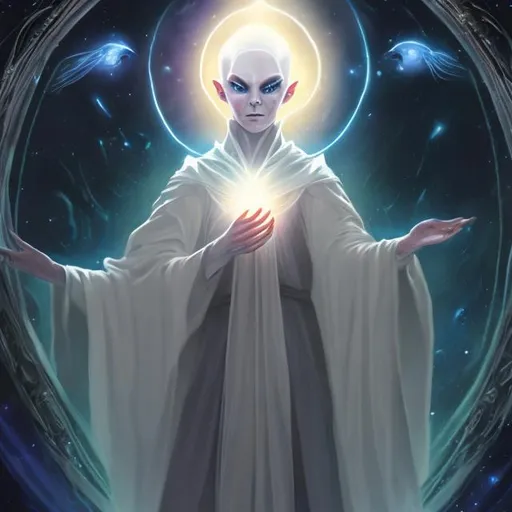 Prompt: etherial, benevolent androgynous ALIEN who heals others, pale skin, soft expression, holding an orb, wearing cloak, surrounded by celestial