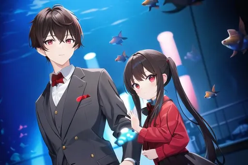 Prompt: (masterpiece, best quality:1.2), illustration, absurdres, highres, extremely detailed, 1 petite girl, black long hair, pigtail, red eyes, eye highlights, red dress, and 1 young man, brown hair, grey jacket, blue eyes, (aquarium) , upper body, depth of field, (:d:0.8), chromatic aberration abuse, pastel color, Depth of field, blue tint,(blue fog:1.3), couple, dating