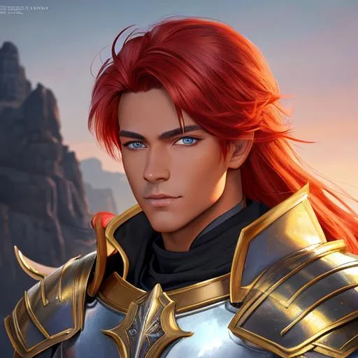 Prompt: oil painting, fantasy, human man, tanned-skinned-male, beautiful, bright red hair, straight hair, slight grin, pointed ears, tiny goat horns, looking at the viewer, Hero, Paladin wearing intricate white gold armor, #3238, UHD, hd , 8k eyes, detailed face, big anime dreamy eyes, 8k eyes, intricate details, insanely detailed, masterpiece, cinematic lighting, 8k, complementary colors, golden ratio, octane render, volumetric lighting, unreal 5, artwork, concept art, cover, top model, light on hair colorful glamourous hyperdetailed medieval city background, intricate hyperdetailed breathtaking colorful glamorous scenic view landscape, ultra-fine details, hyper-focused, deep colors, dramatic lighting, ambient lighting god rays, flowers, garden | by sakimi chan, artgerm, wlop, pixiv, tumblr, instagram, deviantart
