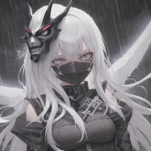 Prompt: 16k ultra hd,white lightnings ,horror,white hair,20 years old,beatiful female,3d lightning,super detailed,rainy,moon shine,ultra realistic,rogue,alone,lightning,black gears,max detail dark black schyte ,with black mask,shiny detailed dark eyes,bloody,warrior,war,dark wings,queen