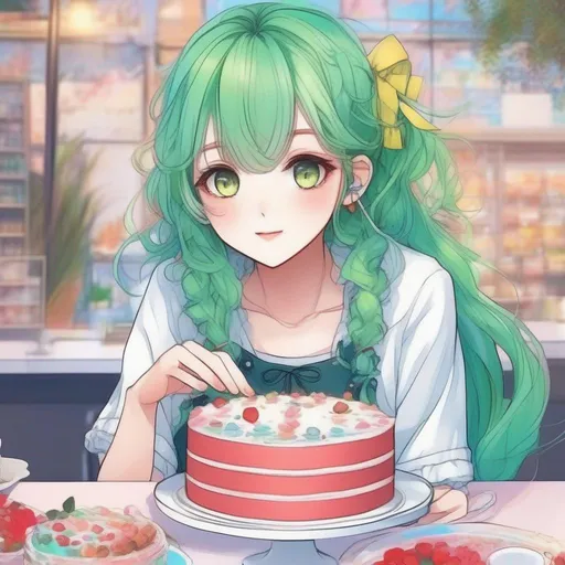 Prompt:   anime girl manhwa style cute and pretty, with eye pretty detailed,  slide of cake , with green hair, Bright style, Doodle background
