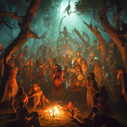 Prompt: A shamanic ritual at night in the woods,  lot of dancing people,  d&d, 8k, high quility, high detailed, 