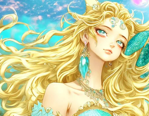 Prompt: Anime, Goddess, Teal eyes, mermaid, diamond earrings, Beach, Moonlight, HD, 4k, High Quality, Effects, Perfect Render, Exact Copy, No Flaws, Perfect anatomy.