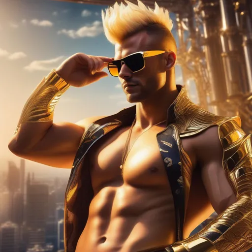 Prompt: A scantily clad muscular man, with sunglasses, golden cybernetic arms, blond mohawk, 