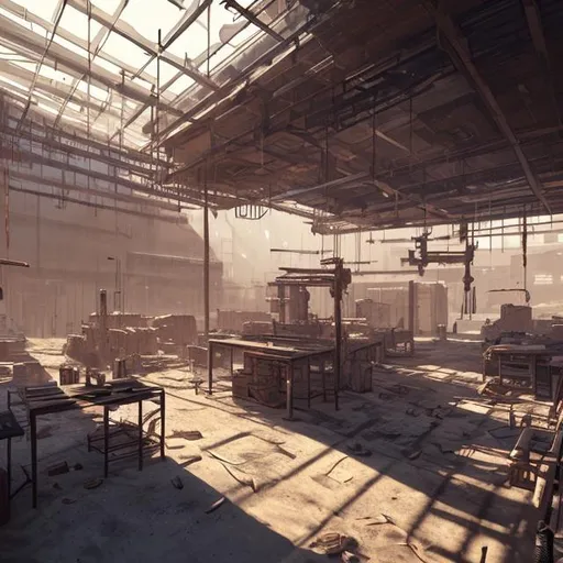 Prompt: Kenshi vibes crafting indoor machinery robots crafting benches, worktables, industrial atmosphere, digital art style abstract brushstrokes inside a building