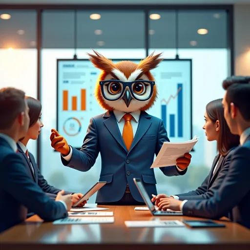Prompt: @hELIquwubpPe1Nvrctl9  is in a business meeting with clients, explaining financial documents, professional consulting scenario, modern office environment, trustworthy and expert appearance