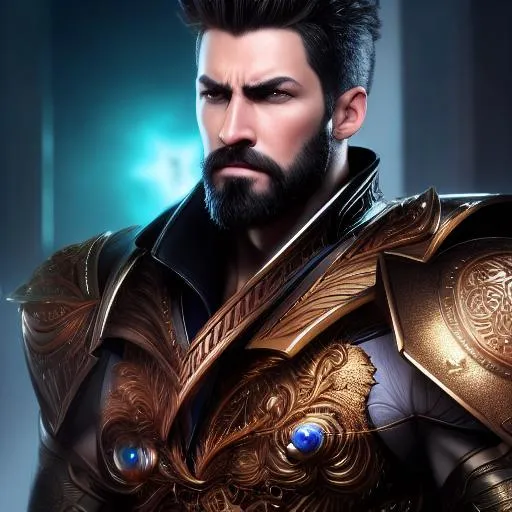 Prompt: Hyper realistic, Gorgeous hansome man, detail face, perfect eyes, fury expression, facial hair, intricate hi-tech warfare armor, symetrical, good build, UHD, 64K, Artstation, Deviantart, colorful light background, breathtaking, insanely, good art, professional artist