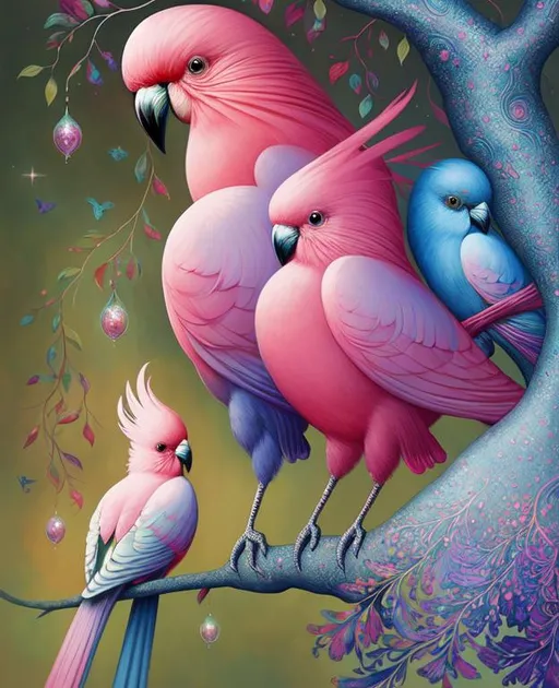 Prompt: Sparkling. 3 beautiful galah birds hanging at a tree . Art by Anna Dittman, Dee Nickerson, alex grey, Michael Cheval. very Glossy.  Add Shimmering. 3d. Very clear resolution.