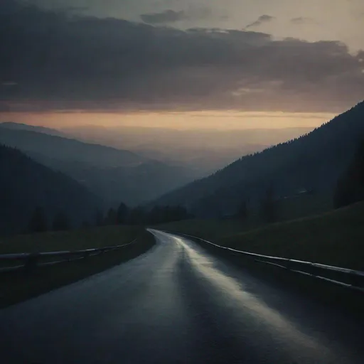 Prompt: romania, DN73, dusk, carpathian mountains, road,  dark, 4k, photorealistic, cinematic shot, atmospheric