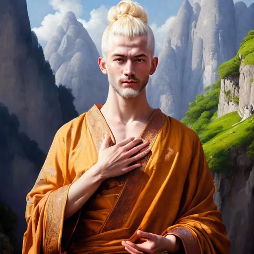 Prompt: Realistic painting of a European Buddhist man, blonde hair, blue traditional robe, serene expression, European facial features, standing in front of a majestic mountain, oil painting, detailed facial features, high quality, realistic style, serene atmosphere, mountain landscape, traditional robe, blonde hair, detailed painting, peaceful setting