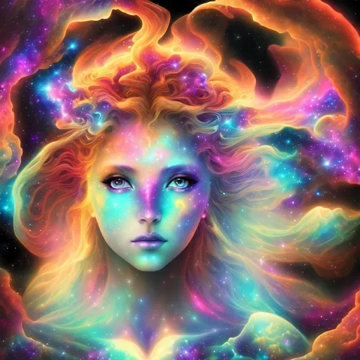 Prompt: Cosmic Epic Beautiful Nebula (Beautiful Melancholy {Goddess}female plasma), hyper realistic,  expansive psychedelic background, hyper realistic, 8K --s99500