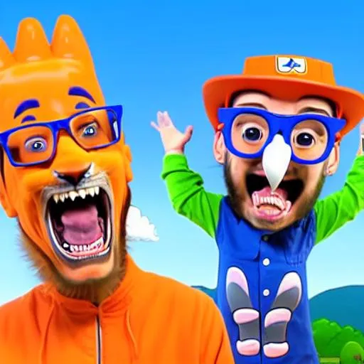 Prompt: "Blippi" sits in car. Does the "soy face" look with the mouth open wide.  Blippi looks very excited and waves, Sits in a small blue car and waves.Next to the car sits a  hyper realistic cat. Cartoonish background, Children show background, sunny day.