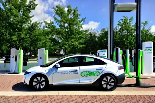 Prompt: a electric car on a charging station in a beautiful green environmental city