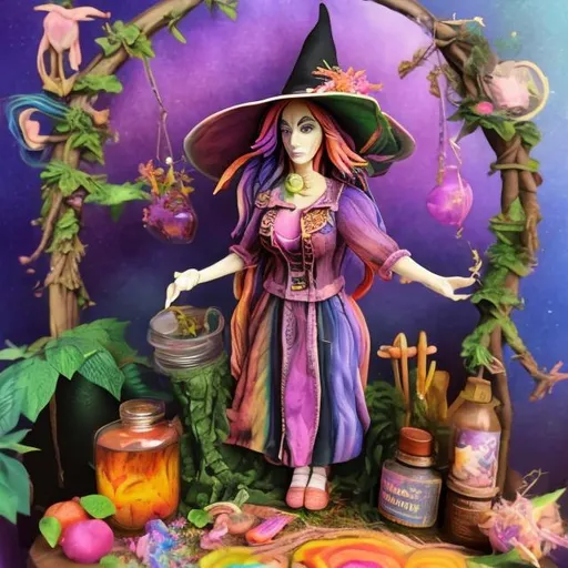 Prompt: Herbalist witch diorama in the style of Lisa frank 