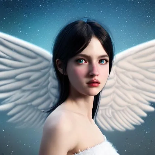 Prompt: Illustration of a strong angel girl, with white skirt, black hair, pale skin, black eyes, with wings, flying on a sky full of stars, HD, highly detailed