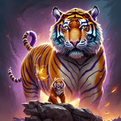Prompt: a splash art of lsu themed tiger war ready with new Orleans background, smooth soft skin, big dreamy  purple and gold eyes, beautiful intricate lsu colored hair, symmetrical, alpha eyes, battle background ,soft lighting, detailed face, by makoto shinkai, stanley artgerm lau, wlop, rossdraws, concept art, digital painting