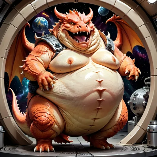 Prompt: an image of a fat cat with the caption "wah wah wah, vore art, vore, dragon vore, bloated, fat, pudgy, dragon vore art, extremely fat, extremely plump, bouncy belly, drooling goo, big stomach, fluffy chest, morbidly obese, plump, fat ripped satanic creature, space station vore station, exploded belly, very fat, fat dragon