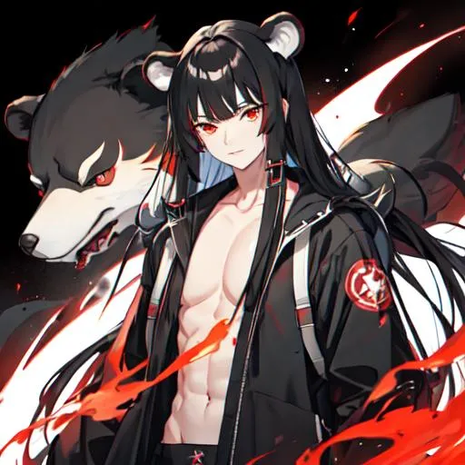 Prompt: Kuma 1male (pale) long black hair) (red eyes) holding a gun, nuclear fallout