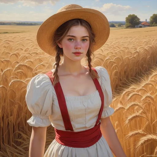 Prompt: A detailed oil-painting in a realistic style from the 19th century. An age22 sunlit western farm girl, highly detailed beautiful youthful cute facial features, dynamically posed walking through a golden wheat field, square composition. She wears a rustic red crop top with puff sleeves, a white apron-skirt tied at the waist, and a straw hat tilted over long, braided brown hair. She carries a proportionally sized (wood water-bucket with vertical slats) by her side. Her skin is sun-kissed, expression dreamy and uplifted toward the sky. The field glows with amber warmth under a rich turquoise sky. Painterly brushstroke texture, 1970s vintage illustration style, warm color palette, high contrast lighting, cinematic composition, nostalgic Americana aesthetic.