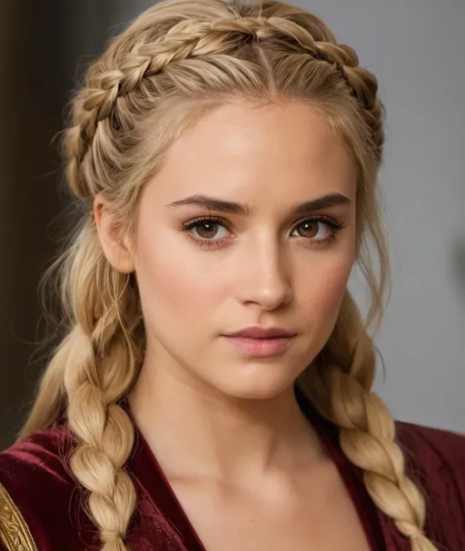 Prompt: Lannister. Brown eyes. Peachy skin. Long blond hair. Makeup. Stoic. Braided hair. Rich.