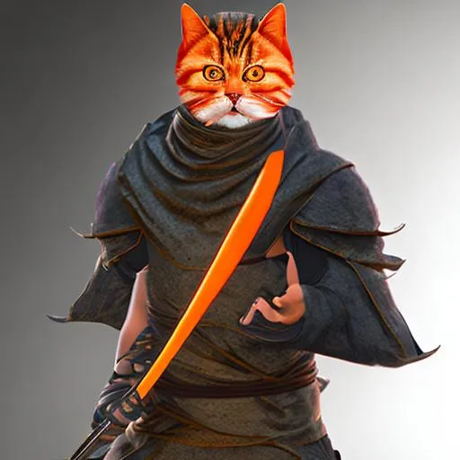 Prompt: Orange ninja cat + holding katana sword in hand + photorealistic, unreal engine 5, RTX