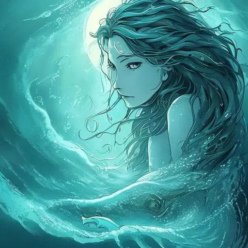 Prompt: A beautiful ocean spirit half in the water like a crocodile with only her eyes peeking out and her long flowing hair around her