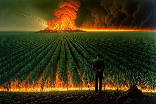 Prompt: Hyper-realistic landscape painting by Zdzisław Beksiński of a warrior standing upon a landscape of corpses as he is consumed by fire. The art-style blends Lovecraftian and Greek mythology elements in a steampunk setting. Subtle green undertones | chaos | suffering | malevolence | grim | melancholic hue | UHD, 4K, 8K, 64K, extremely detailed