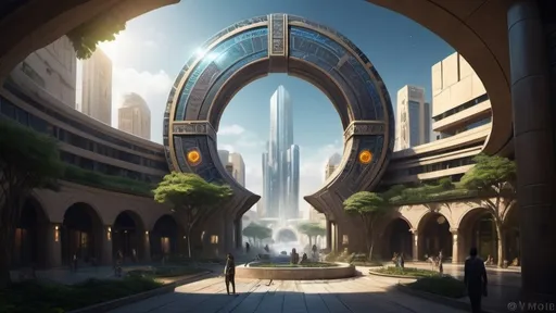 Prompt: magical portal between cities realms worlds kingdoms, circular portal, ring standing on edge, upright ring, freestanding ring, hieroglyphs on ring, complete ring, ancient babylonian architecture, gardens, hotels, office buildings, shopping malls, large wide-open city plaza, turned sideways view, futuristic cyberpunk tech-noir setting