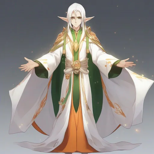 Prompt: Astral Elf, wearing Scholar Robe, colors are primarily white with green and gold trim and orange, masterpiece, best quality, in anime style